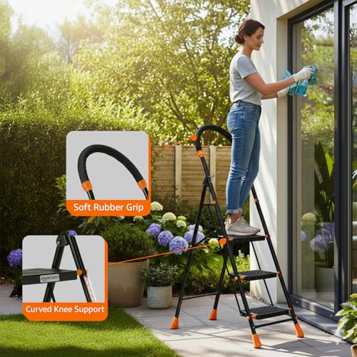 Image of Amazon Basics Curvo-Foldable Step Ladder, Ribbed Steps, Knee Guard, Non-Marring PVC Shoes, 3 Steps (Black & Orange)