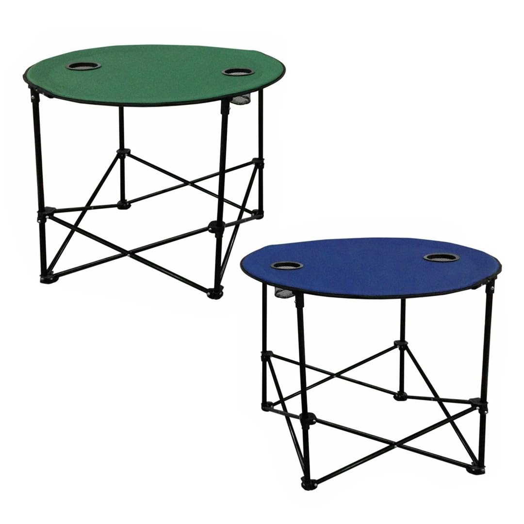 Tavolino Tavolo Rotondo Pieghevole Salvaspazio da Campeggio Esterno Giardino 2 Portalattine Completo di Sacca Trasporto Dimensione h70xØ60cm Struttura Colori Assortiti Verde/Blu (1PZ)