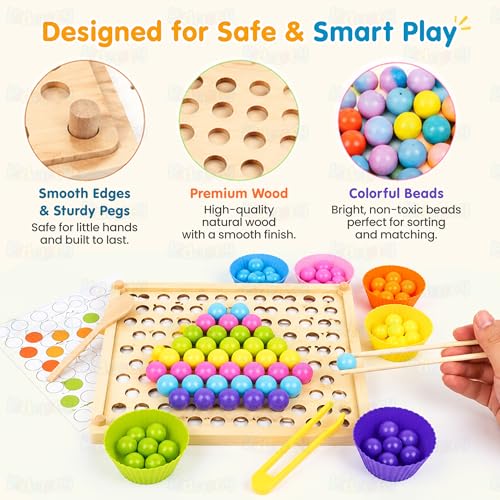 Image of Kidology Wooden Color Sorting Bead Toy | Color Matching, Sorting, and Counting Board Puzzle with 77 Colorful Beads, Cups, and Pattern Cards Toy for Babies and Toddlers