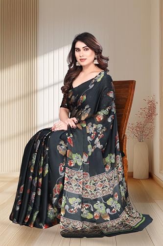 Image of SUPERLAXMI Women's Chiffon Floral Printed Saree with Blouse Piece