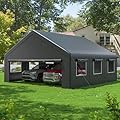 EASYHAWK 20' x 20' Outdoor 2 Car Carport Canopy, Portable Garage Shelter with Side-Opening Door, Roll-Up Windows, Galvanized Steel Frame and Four-Hole Base, Black