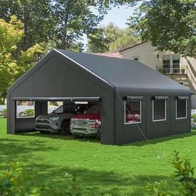 EASYHAWK 20' x 20' Outdoor 2 Car Carport Canopy, Portable Garage Shelter with Side-Opening Door, Roll-Up Windows, Galvanized Steel Frame and Four-Hole Base, Black