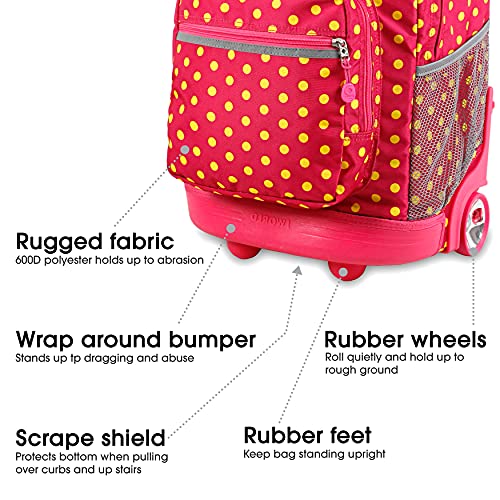 Image of J World Sunrise Kids Rolling Backpack with Wheels for Girls Boys, Roller Bookbag for School, 18 x 13 x 9 Inches, Pink Buttons