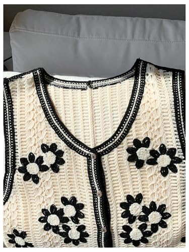 Image of Verdusa Women's Sweater Vest Button Front V Neck Sleeveless Crochet Plaid Checkered Knit Sweater Vest