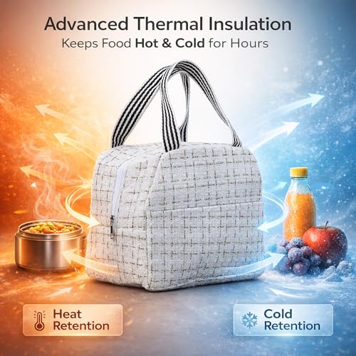 Image of The Earth Store Beige Check Insulated Lunch Bag for Office, Men, Women | Travel Tiffin Bag with Handle, Waterproof & Leakproof | Reusable Thermal Lunch Box Bags