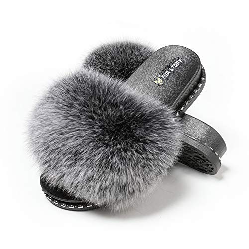 Fur Story Fur Slides Slippers Furry Fuzzy Slides Platform Sandals Open Toe Fluffy Slides Fox Fur Feather Sandals Fur Slip On Shoes for Women