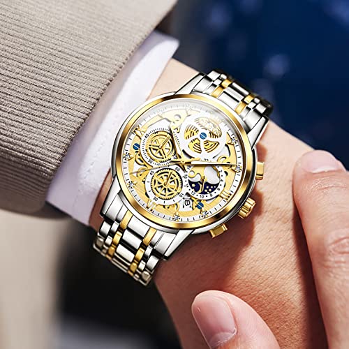 Image of OLEVS Skeleton Watch for Men Stainless Steel Chronograph Watch for Men Classic Waterproof Mens Watches with Date Luxury Business Men's Analog Wrist Watches, relojes para Hombres Blue /Black /Gold /White