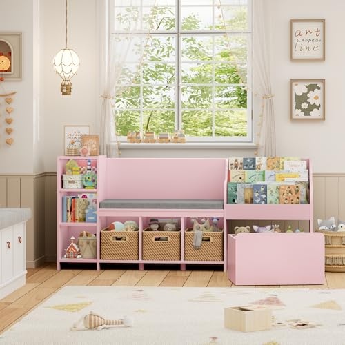 Image of HOSTACK 67" W Kids Reading Nook with Toy Storage Organizer, Large Kids Bookshelf with Toy Storage Box on Wheels, Big Kid Bookcase with Bench and 6 Open Cubbies for Playroom, Kid Room, Pink
