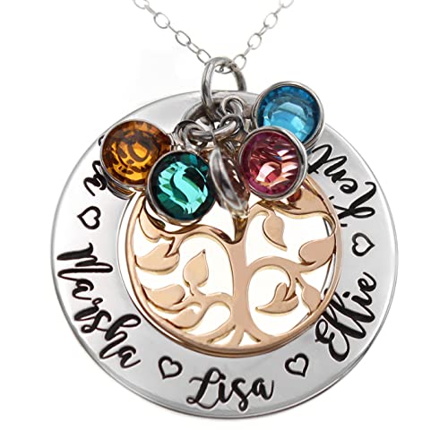 Personalized Family Tree of Life Birthstone Name Necklace Gift for Mom Grandma from Grandchildren Daughter Sterling Silver and Bronze