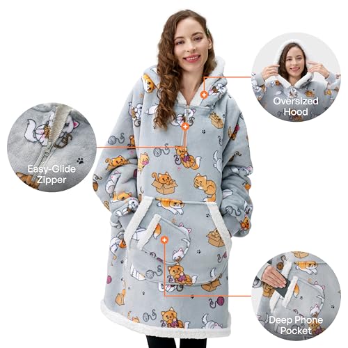 Image of Giggling Getup Wearable Blanket Hoodie for Adults Gifts for Teen Girls Sister Women Sherpa Fleece Printed Hooded Blanket Sweatshirt Warm Cozy with Pocket & Sleeves Grey Cat