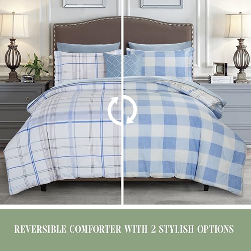Image of Elegant Comfort 8-Piece Lodge Plaid Reversible Comforter Set - All Season Bed in a Bag, 4-Piece Sheet Set Featuring Smart Pockets, Matching Shams and Decorative Pillow, Full /Queen, Aqua