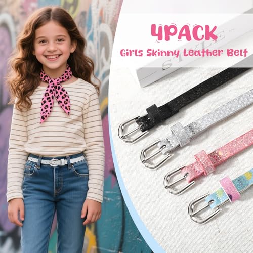 WERFORU Kids PU Leather Skinny Belt for Girls Boys Teen Child Thin Shiny Glitter Waist Belt for Jeans Dress2