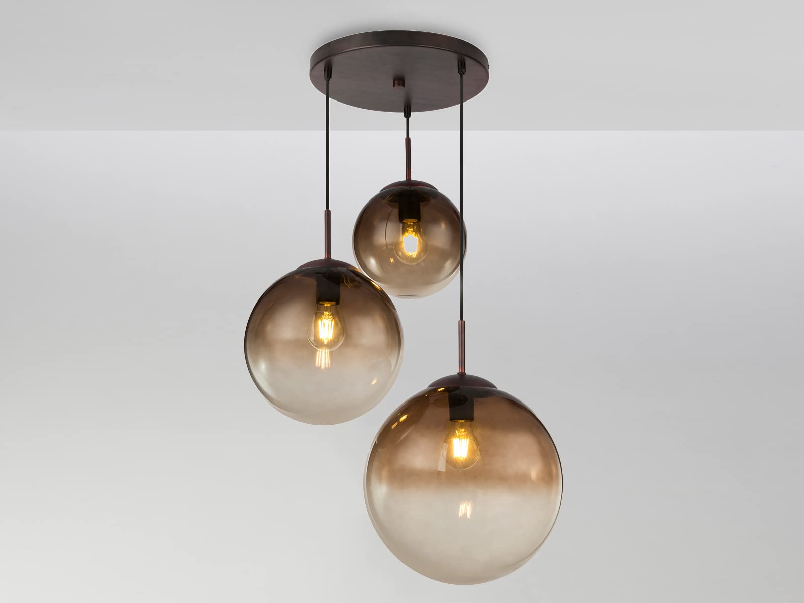 Lámpara colgante de 3 focos con bolas de cristal de ámbar