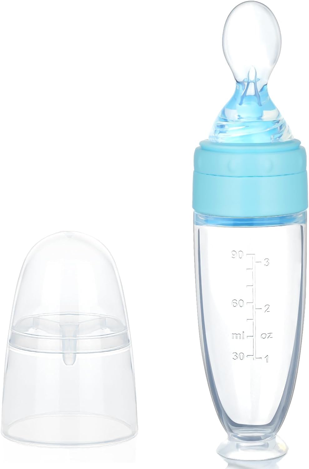 Silicone Baby Squeeze Feeding Bottle with Spoon - Baby Food Dispensing Spoon for Cereal Puree (Blue)