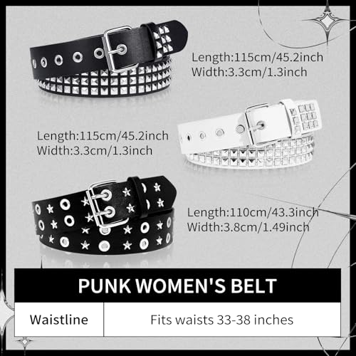 3 Pcs Black Studded Belt, Y2K Belt Star Goth EMO Punk Rock Double Grommet with Bright Pyramid Studded for Women Men (Studded Star Grommet)2