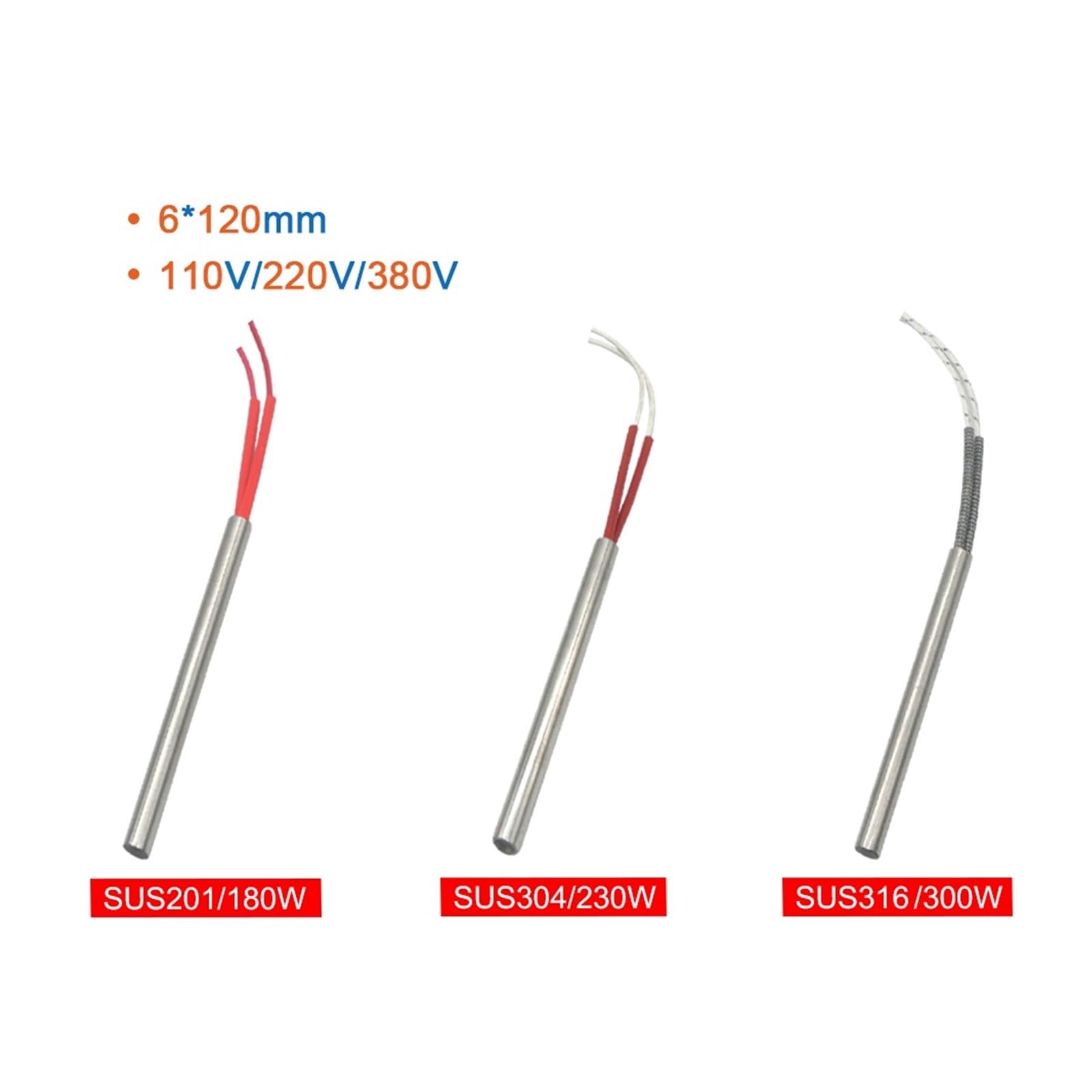 Dwuczęściowy element grzejny, jednostronny, 6 x 120 mm, odpowiedni do urządzeń gospodarstwa domowego, AC110 V/220 V/380 V, 180 W/230 W/300 W(110v,316SUS 6x120mm 300W)