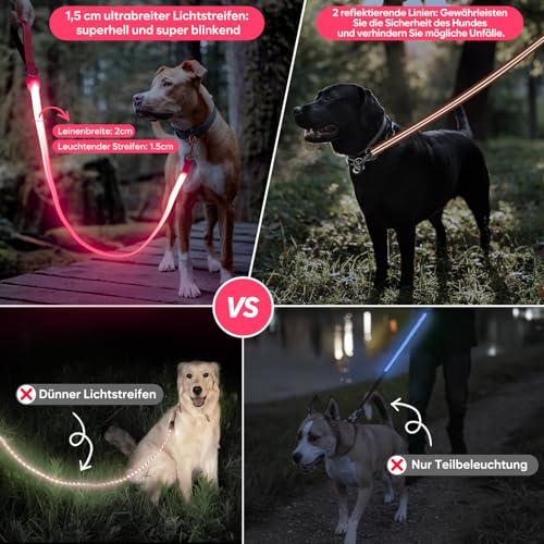 ChalkLit LED Hundeleine, Beleuchtete Hundeleine über USB Wiederaufladbar, 1,2 m, Weich Wasserdicht Reflektierend, für nächtliche Spaziergänge für große, mittelgroße Haustiere blinkende