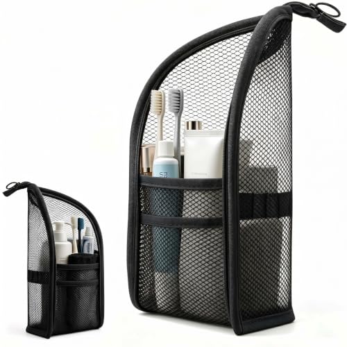 Image of Standing Toiletry Bag,Portable Foldable Hanging Travel Organizer with Zipper and Loop,Mesh Large Capacity Cosmetic Waterproof Bag for Bathroom,Suitcase Packing,Toiletries,Makeup,Skincare (1PC,Black)
