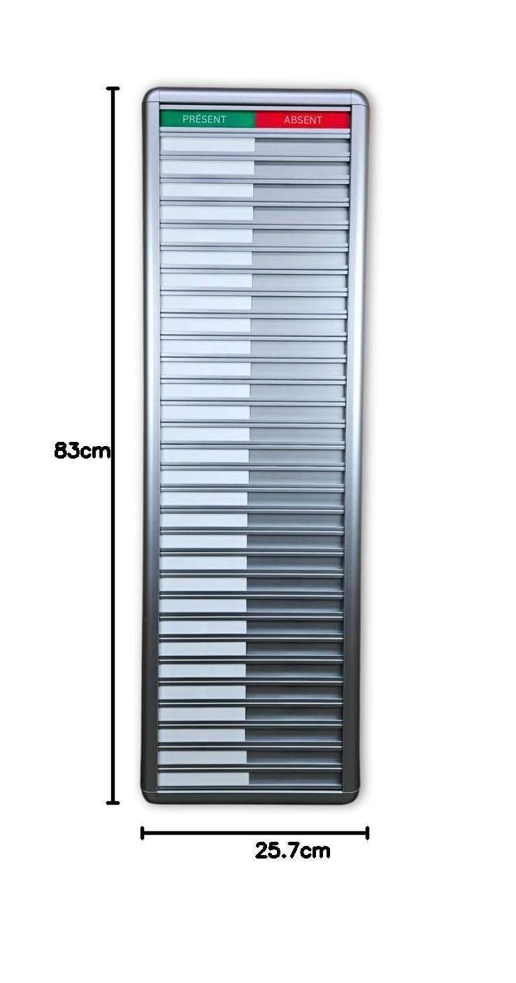 Tableau de présence et d’absence CombiCraft pour 30 personnes avec texte ‘Présent-Absent’, en aluminium avec 30 étiquettes coulissantes, dimensions de 258 x 830 mm