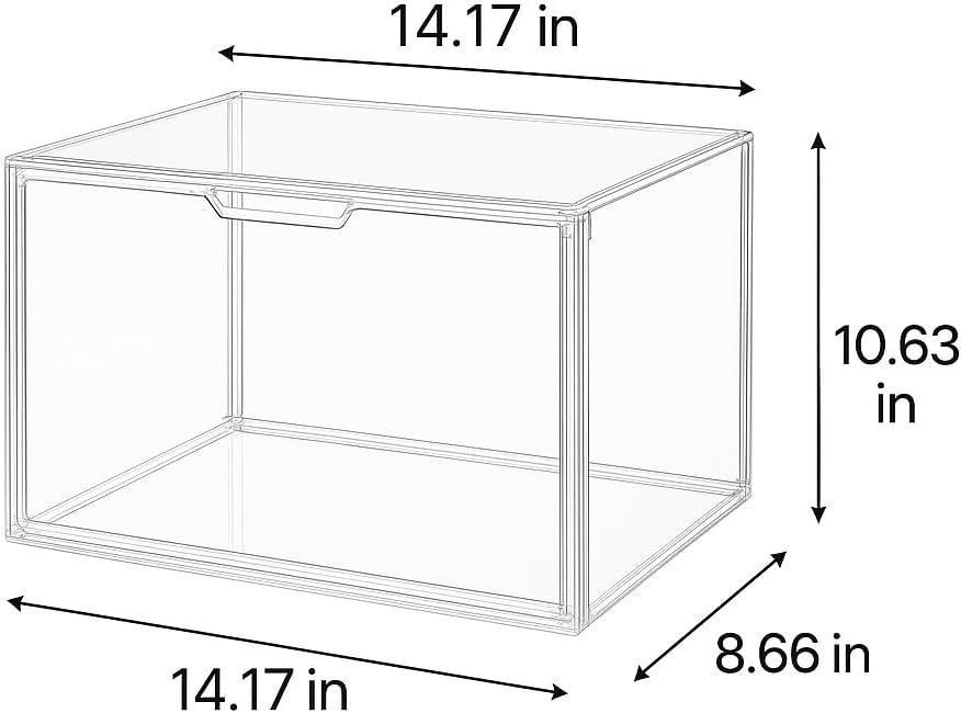 large clear acrylic display box with front door – spacious organizer case for collectibles, skincare, toys, office supplies, 14.17×8.66×10.63 inches transparent storage cabinet