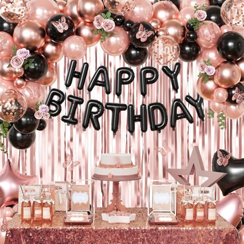 Rose Gold and Black Birthday Decorations for Women Girls, Pearl Metallic Rose Gold Black Foil Confetti Balloons Happy birthday Banner Gold Butterfly Fringe Curtains for Birthday Party Women Girls — view 4