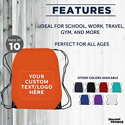 DISCOUNT PROMOS Custom Drawstring Backpack with Black Trim Set of 10, Personalized Bulk Pack - Water Resistant, Perfect for Gym, Camping, Beach, Outdoor Sports - Orange2