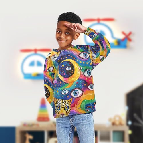 JUNZAN Weird Leopard Evil Eyes Ball on Rainbow Little Boys Sweatshirt Hoodie Long Sleeve Hoodie for Boys Athletic 4T4