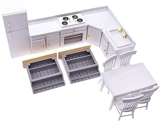 iLAND Wooden Dollhouse Furniture on 1:12 Scale for Miniature Dollhouse Kitchen w/Unit Cabinets, Dollhouse Fridge and Dollhouse Dining Room Furniture (Classic White 12pcs)