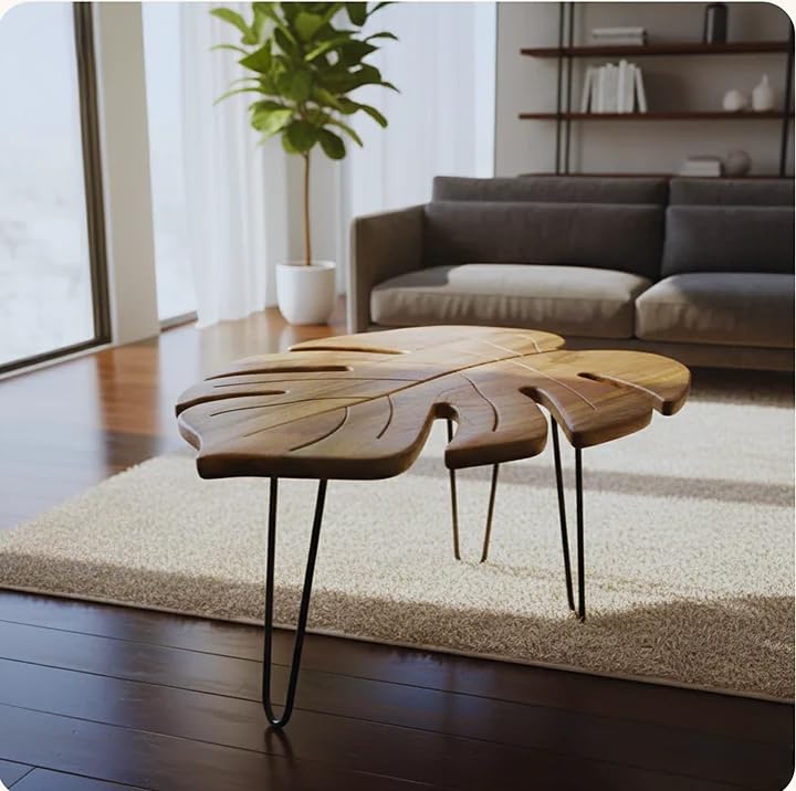 Image of REDWOOD Mango Wood Leaf Shaped Coffee Table with Metal Hairpin Legs | Modern Wooden Center Table for Living Room | Artistic Tea Table for Home Decor | Natural Wood Grain Accent Furniture | Honey
