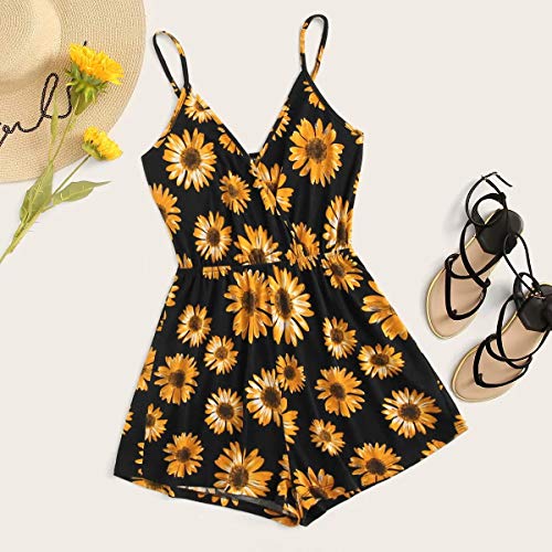 Makemechic Women's Sleeveless High Waist Sunflower Print Strap Cami Romper Jumpsuit Sunflower Large #TOP3