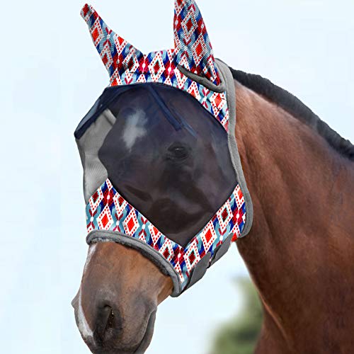 Harrison Howard CareMaster - Máscara de Mosca para Caballos, estándar, con Orejas, protección UV para Caballos y Rombos Tribales (L)