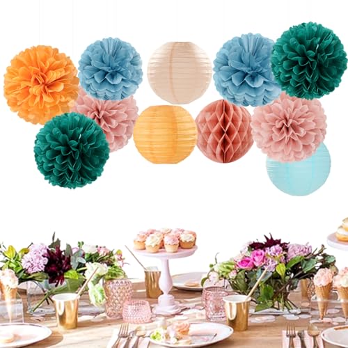 Image of Dusty-Blue Orange Teal Party-Decorations Paper-Flowers - 15pcs Fall Rose Gold Blush Pink Birthday Baby Bridal Shower Tissue Pom Poms Lanterns Streamers,Wedding Bachelorette Hanging Supplies Hugfond