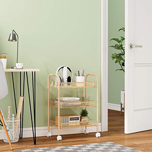 JEROAL 3 Tier Rolling Trolley, Metal Mesh Rolling Cart, Mesh Storage Pantry Cart with Lockable Wheels, Gold - Thumbnail 7