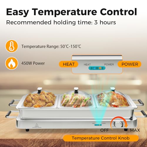 SOARS Warmhaltebehälter elektrisch 450 W, Speisenwärmer mit 3 Behältern & Deckeln, 9L Edelstahl Chafing Dish, 50-150 °C, Buffetwärmer für Partys, Hochzeiten, Restaurants, Inkl. Aufbewahrungstasche – Bild 4