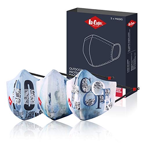 Lee Cooper Sublimation Face Mask with HeiQ V-block and SmartTemp - Lightweight, Reusable Designer Face Covers, 3-pack (Monogram - Blue)