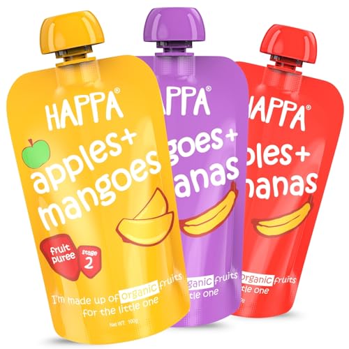 Image of Happa Organic Baby Food Puree | 100% Fruits | No Added Sugar, No Milk Powder, No Preservatives | Stage 2 (6 Months+) | Ready to Eat | Free from Common Allergens | Pack of 3 (100g Each)