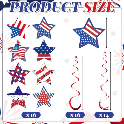 Image of JUNEBRUSHS 46Pcs Independence Day Hanging Swirls, 4th of July Decorations Patriotic Red White and Blue Stars String Hanging Swirl Ceiling Spirals for Fourth of July Home Party Accessories Supplies