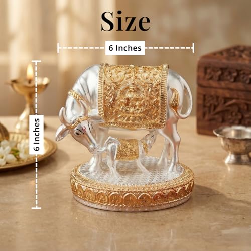 Image of 24K Gold and 999 Pure Silver Plated Kamdhenu Cow Idol - 6 Inch Auspicious Vastu Home Decor for Pooja Room and Mandir - Sacred Two-Tone Symbol of Prosperity and Success
