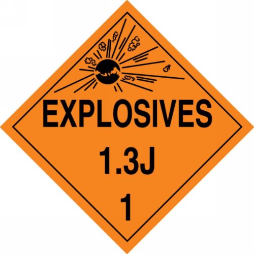 Image of Accuform MPL124VP50 Plastic Hazard Class 1 /Division 3J DOT Placard, inchExplosives 1.3J 1 inch with Graphic, 10-3 /4 inch Width x 10-3 /4 inch Length, Black on Orange (Pack of 50)