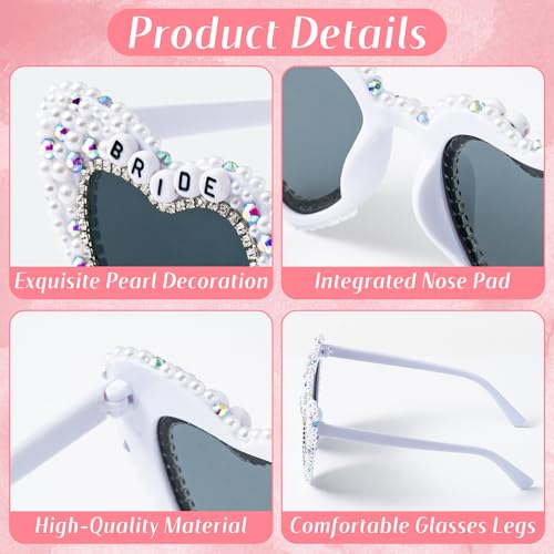 PANTIDE Bride To Be Sunglasses - Rhinestone Crystal Pearl Heart Shaped Sunglasses, Bachelorette Bridal Shower Wedding Engagement Party Glasses Accessories, Jewelry Gift for Bridesmaid Women (White)3