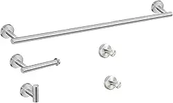 LUMAI Kit 5 Acessórios para Banheiro Aço Inoxidável Fosco, Toalheiro, Suporte para Toalha Corporal, Suporte para Papel Higiênico e 2 Ganchos Grandes, Instalação Segura e Organização – Prata