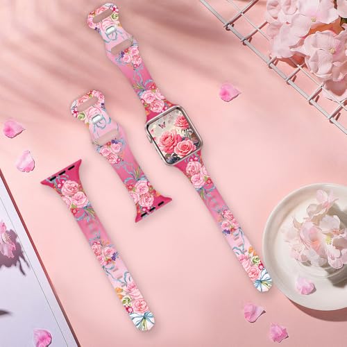 Image of Sport Band Floral Printed Compatible with Apple Watch Bands 49mm 46mm 45mm 44mm 42mm 41mm 40mm 38mm Women, Silicone Flower Printed Fadeless Pattern Design Strap for iWatch Series10 9 8 7 6 5 4 3 2 1SE