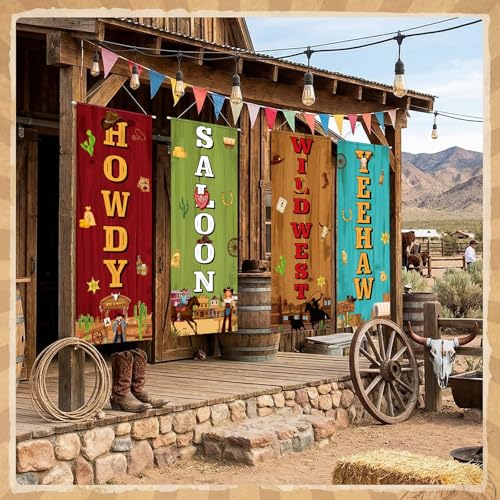 Image of Panelee 4 Pcs Western Cowboy Party Decorations Wild West Porch Banner Hanging Backdrop for Rodeo Cowboy Birthday Baby Shower Door Wall Indoor Outdoor Wedding Decor