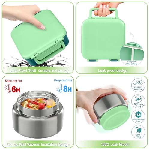 Image of Kids Bento Lunch Box with 9oz Soup Thermo Leakproof Lunch Food Containers 4 Compartment with Insulated Hot Food Jar for Kid Toddler Girls Boys to School, Trvael