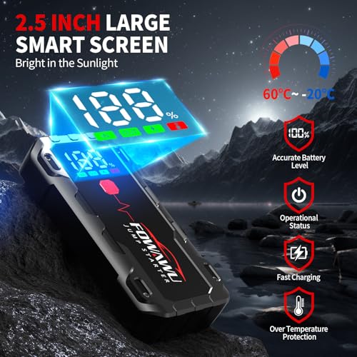 Image of FOWAWU 26800 mAh 7000 A Peak Jump Starter for 12 V Vehicles (12 L Petrol / 10 L Diesel) and Moto, Car Battery Jump Starter Power Pack with Smart Jumper, 5 * 3.5 CM Large Screen and LED Torch