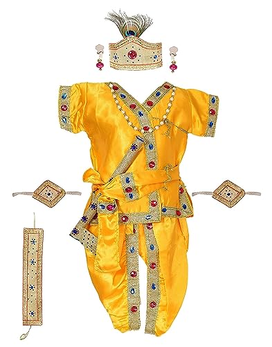 Image of Raj Fancy Dresses Shri Krishna Dress for Baby Boy & Girl, Janmashtmi Dress with Diaper-friendly Dhoti & Dupatta, Mor Pankh Mukut