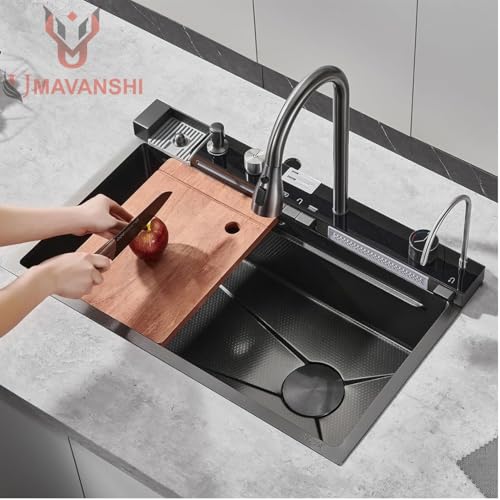 Image of Kitchen Sink 304 Grade Anti Scratch Design with Integrated Waterfall and Pull-Down Faucet Set and All Accessories All in One Stainless Steel Sink for Kitchen (Digital (30X18X9))