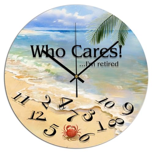 Yelolyio Horloge murale 30,5 x 30,5 cm pour Home Who Cares I Am Retired Horloge murale ronde en bois à piles Mouvement silencieux Décoration murale pour...