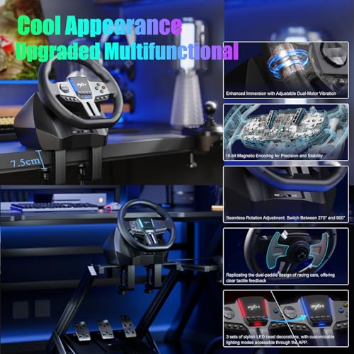 PXN V9 Gen2 Gaming Steering Wheel with Pedals and Shifter - 270°|900° Racing Wheel, Vibration Feedback, Hall Effect Pedal, Paddle Shifters, Tools APP - Steering Wheel for PC, PS3, PS4, Xbox - Image 7