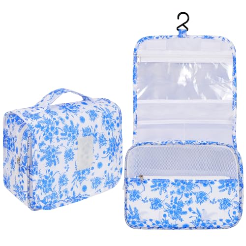 Pengxiaomei Hanging Toiletry Bag, Blue Vintage Floral Waterproof Cosmetic Bag Portable Makeup Pouch Travel Wash Bag with Handle for Kids Teen Girls Camping Tea Party Mothers Day Gifts